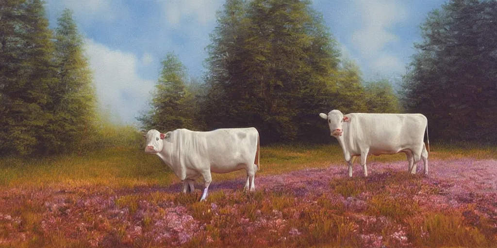 Prompt: cow, volumetric lighting, spring early, nice slight overcast weather, realistic illustration, perfectly shaded, ( golden hour ), soft painting, low angle, art by sven nordqvist