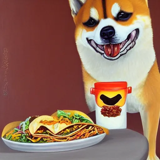 Image similar to beautiful detailed painting of a shiba inu eating a taco