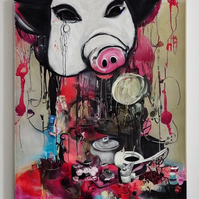 Prompt: “ a portrait in a female art student ’ s apartment, sensual, a pig theme, pork cuts, art supplies, surgical iv bag, octopus, ikebana, herbs, a candle dripping white wax, japanese pottery, squashed berries, berry juice drips, acrylic and spray paint and oilstick on canvas, surrealism, neoexpressionism ”