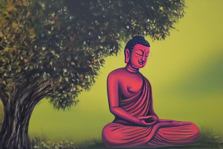 Image similar to painting of a peaceful buddha meditating under a tree, acrylic art, calm, soothing, cosy, elegant, soft light,