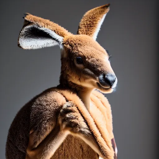 Image similar to a photo of a buff kangaroo wearing a hunters hat and vest, standing tall and strong with a hunters hat and vest, studio photography, 8 k