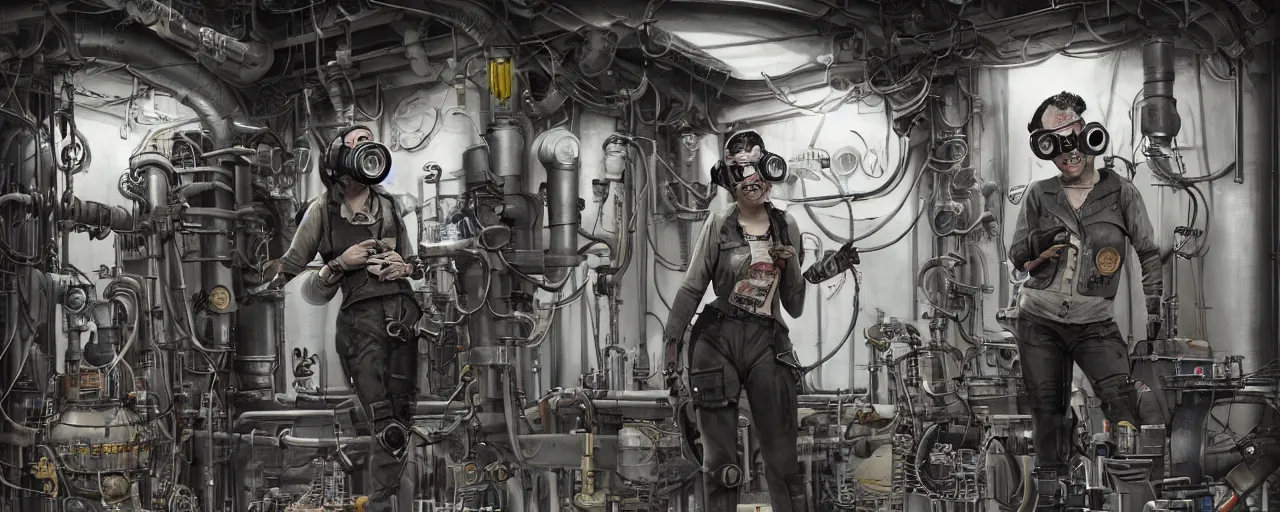 Image similar to illustration 3 / 4 portrait of tattooed stoic heroic emotionless butch blonde woman engineer with short slicked - back hair, wearing dark victorian goggles, working inside reactor room, awkward and uncomfortable and anxious, dirty, dynamic composition by ron cobb. industrial space program, scifi, hyper detailed. octane render. concept art. trending on artstation