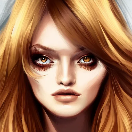 Image similar to portrait, 30 years old women :: fantasy :: amber eyes, long straight darkblond hair :: attractive, symmetric face :: brown medieval cloting, natural materials :: high detail, digital art, RPG, concept art, illustration