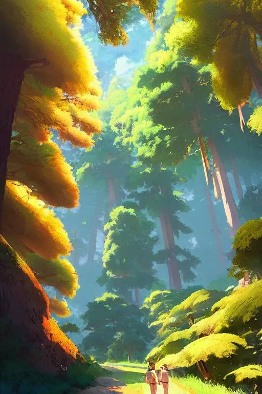 Image similar to Sequoia Park in a colorful moutain with beautiful trees ,morning , by studio ghibli painting, superior quality, masterpiece, traditional Japanese colors, by Grzegorz Rutkowski, concept art