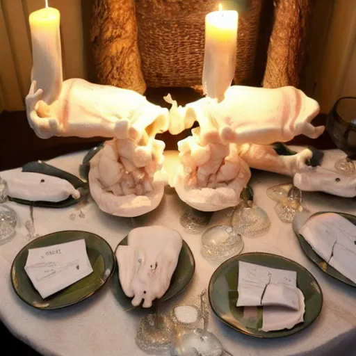 Image similar to tardigrade!!! dining room in a dark mansion, realistic, highly detailed, rests of food, candle lighting