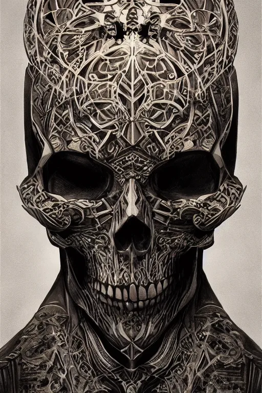 Image similar to concept art skull, the skull is decorated with art deco patterns, close - up portrait, powerfull, intricate, elegant, volumetric lighting, scenery, digital painting, highly detailed, artstation, sharp focus, illustration, concept art, ruan jia, steve mccurry