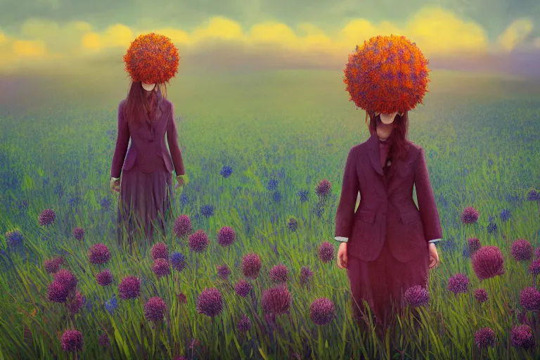 Prompt: colossal thistle flower under head, a girl in a suit in field of flowers, surreal photography, sunrise, blue sky, dramatic light, impressionist painting, digital painting, artstation, simon stalenhag