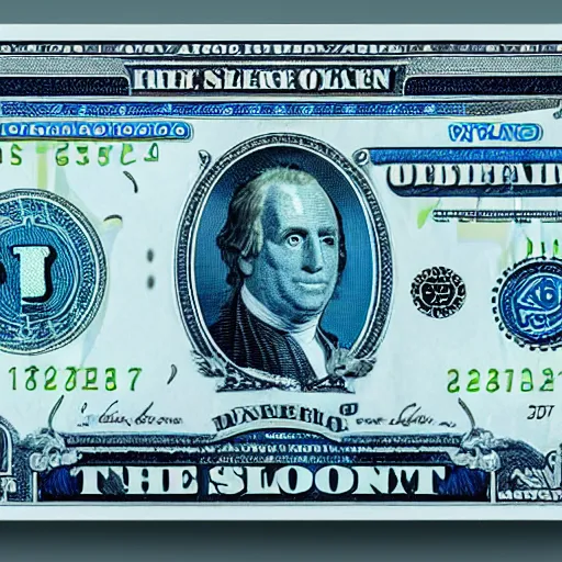 Prompt: a futuristic glowing blue banknote of currency with an alien symbol on the front