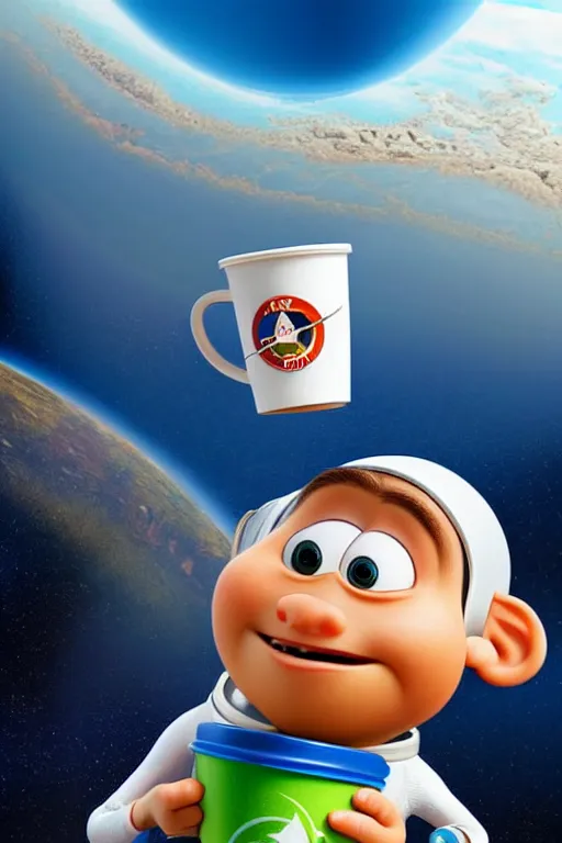 Image similar to portrait of a astronaut holding a cup of coffee with the earth in background, full body. pixar disney 4 k 3 d render funny animation movie oscar winning trending on artstation and behance, ratatouille style