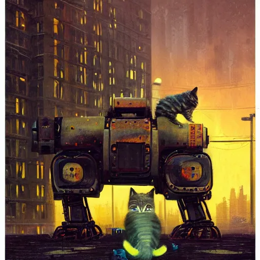 Image similar to a gritty, realistic painting of a broad-shouldered, heavy construction robot reaching down to pet a kitten, in a dark, wet cyberpunk city, by Simon Stålenhag and James Gurney