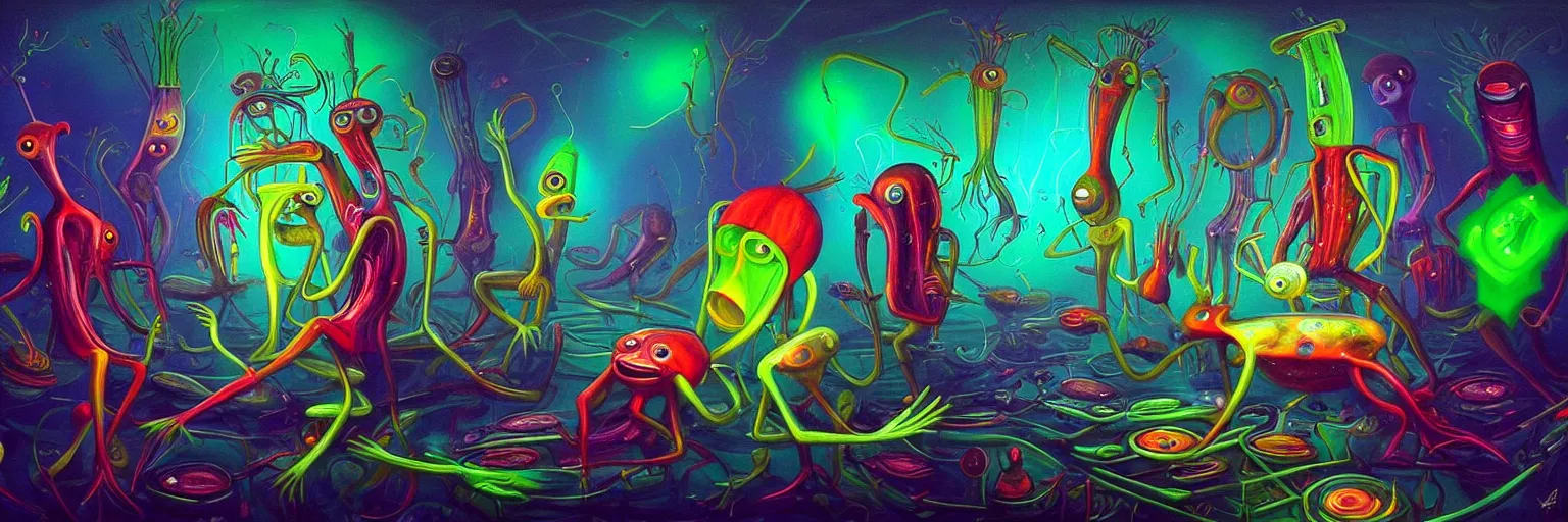 Image similar to strange plankton creatures from the depths of the collective unconscious, dramatic lighting, surreal darkly colorful painting by ronny khalil