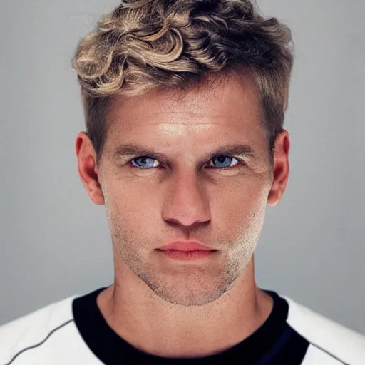 Prompt: full face color photograph of a 40 year old very handsome white man with short, curly, light blond hair and very small slanted blue eyes, dressed in a white t shirt, gray shorts and black socks, with a small mole to the right of his very thin lips, with a straight nose and blond stubble on his oval face, and an earring in the left ear. He resembles a lion.