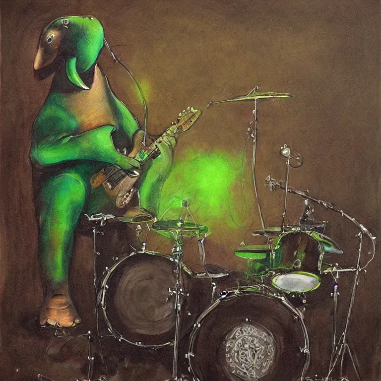 Image similar to a beautiful painting by aleksi briclot of an elephant seal playing drums and telecaster guitar in a concert stage, dark background, green concert light, dark mood