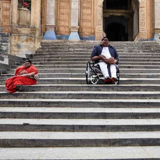 Image similar to an obese indian in a wheelchair on steps in Porto, detailed photo