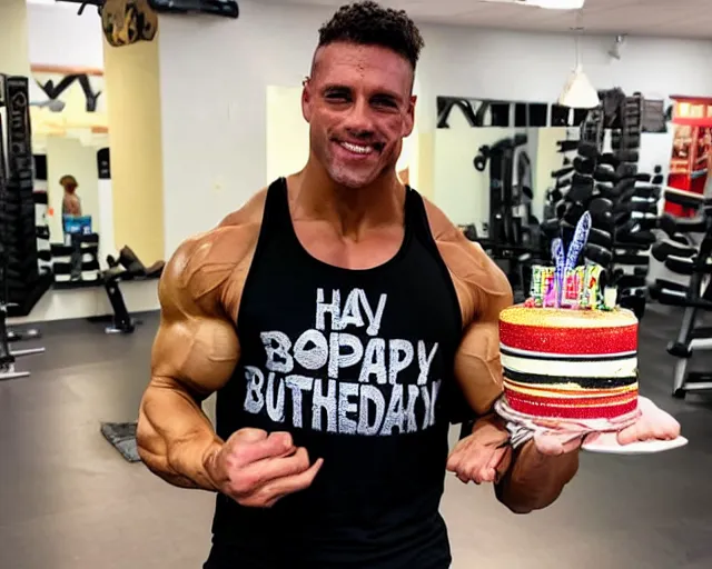 Image similar to bodybuilder with a birthday cake for a head