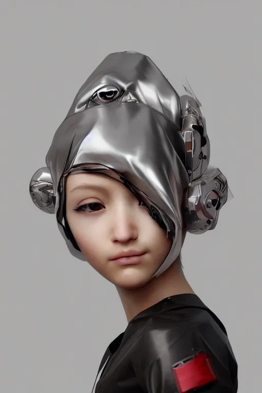 Image similar to cyborg girl kawaii wearing trash bag over her head, ultra realistic, concept art, intricate details, highly detailed, photorealistic, octane render, 8 k