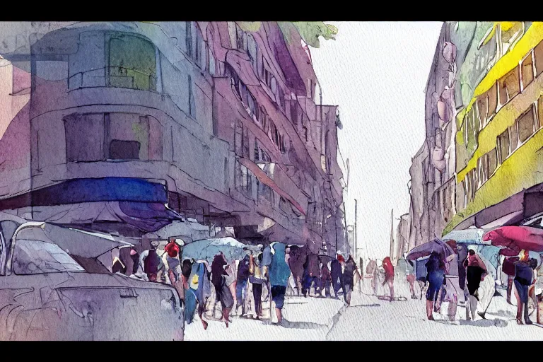 Image similar to street summer watercolor pen light color on artstation