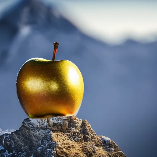 Prompt: a golden apple is sitting on the peak of mount everest, clear focus, bokeh effect, high res, hasselblad, professional photo