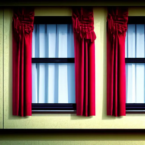 Image similar to a detailed photograph of the outside of a house with curtains in the windows 8 k, highly detailed, editorial, someone is watching you from behind the curtain