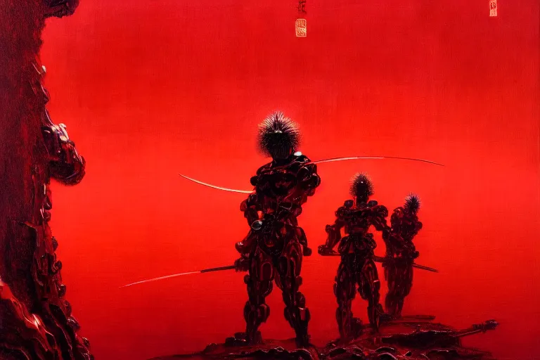 Image similar to only with red, a red cyborg samurai, tokio futuristic in background, some evil yokai fight, in the style of beksinski, parts by edward hopper, parts by rodcenko, parts by yue minjun, intricate and epic composition, red by caravaggio, insanely quality, highly detailed, masterpiece, red light, artstation, 4 k