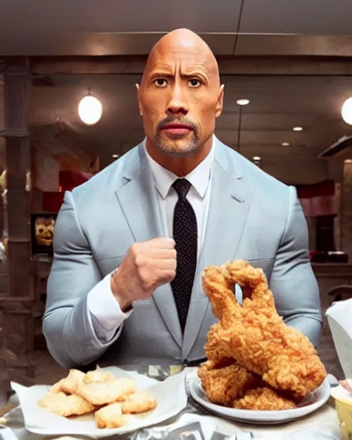 Image similar to dwayne johnson as colonel sanders eating fried chicken