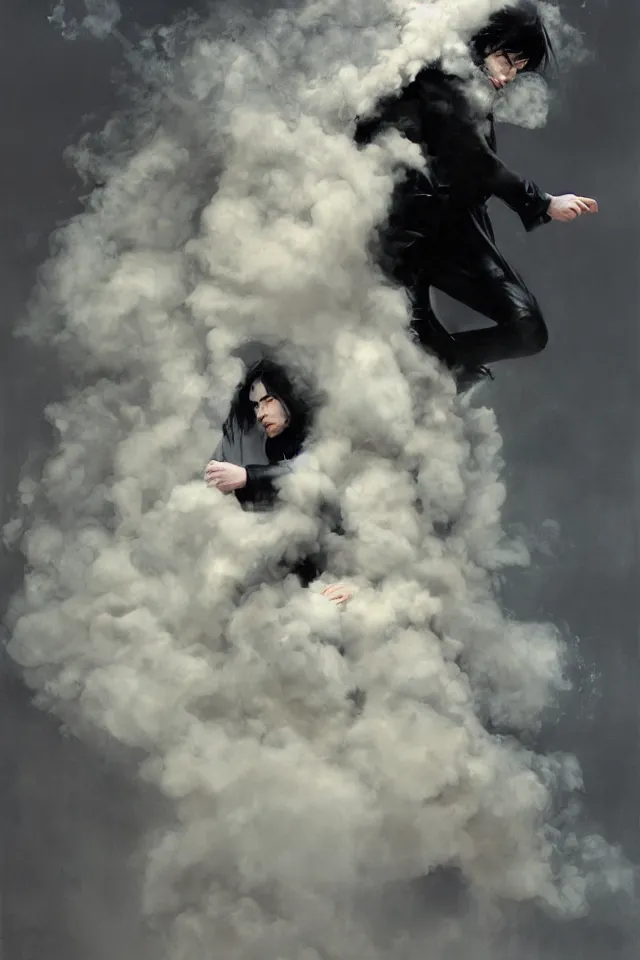 Prompt: painting of a man with pale skin and long-black hair, latex suit and raincoat, floating in smoke, in the style of phil hale and yoshitaka amano