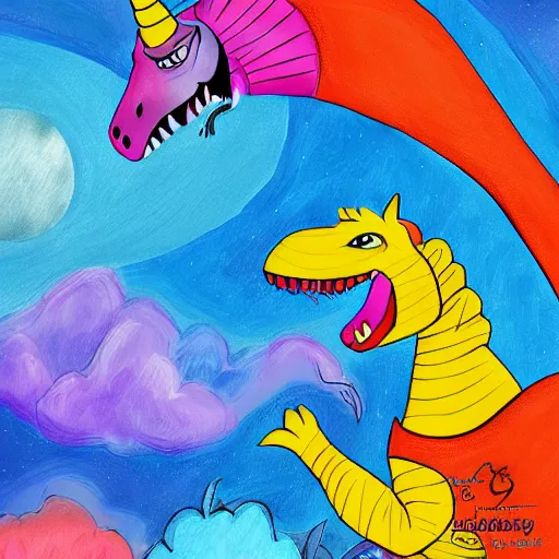 Image similar to unicorn dreaming of a trex on the moon, colorful, modern, disney, in style of pixar, highly detailed, sharp focus, digital painting