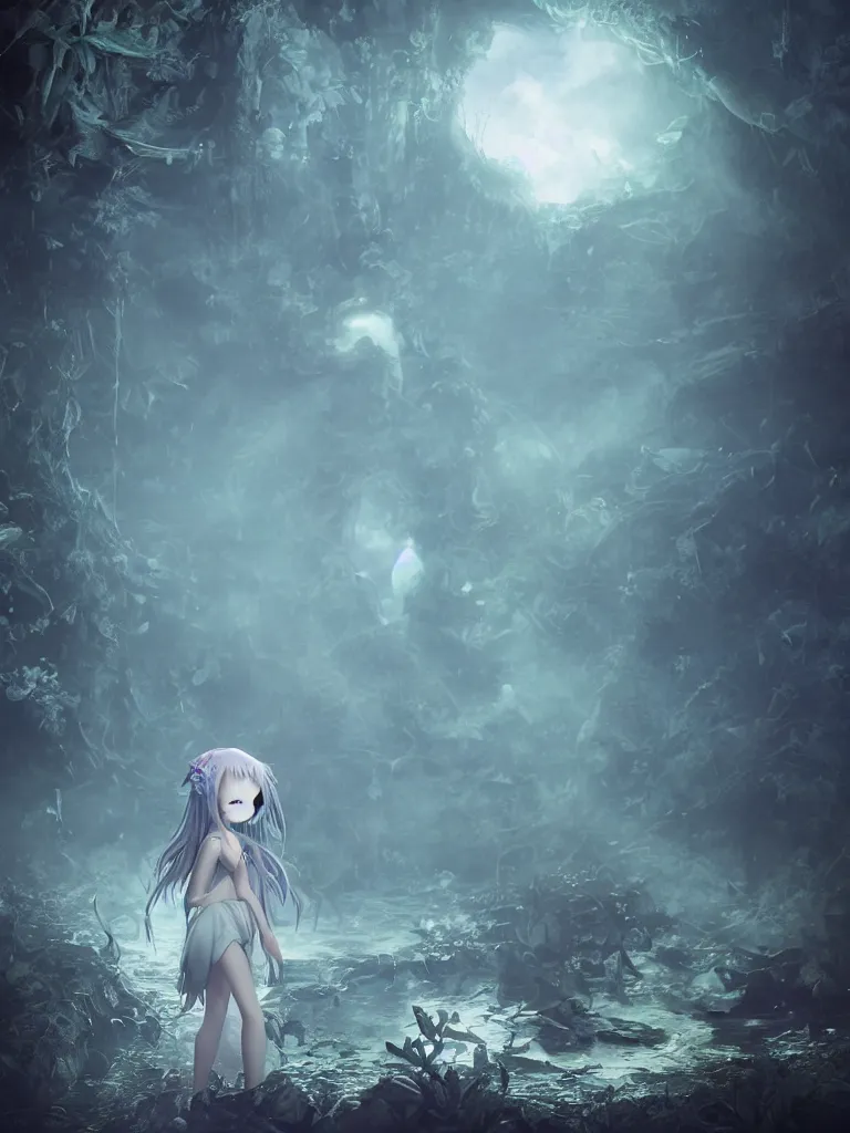 Image similar to cute fumo plush of a frail cursed witch girl wandering the depths of the forbidden jungle, gothic wraith maiden, wispy smoke and volumetric fog on pond, beyond the mirror, filmic, symmetric beauty, moonlight midnight glow, vignette, vray