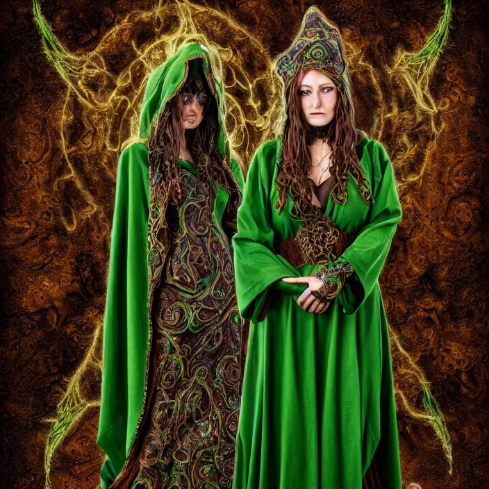 Image similar to full length photo of a very beautiful!! elemental earth witch with ornate green and brown robes, highly detailed, 4 k, hdr, smooth, sharp focus, high resolution, award - winning photo