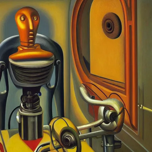 Prompt: biomechanical robot with soulful eyes portrait, lowbrow, pj crook, grant wood, edward hopper, oil on canvas