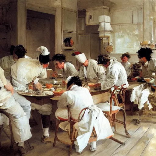 Image similar to a busy kitchen full of chefs, by mead schaeffer and jean - honore fragonard