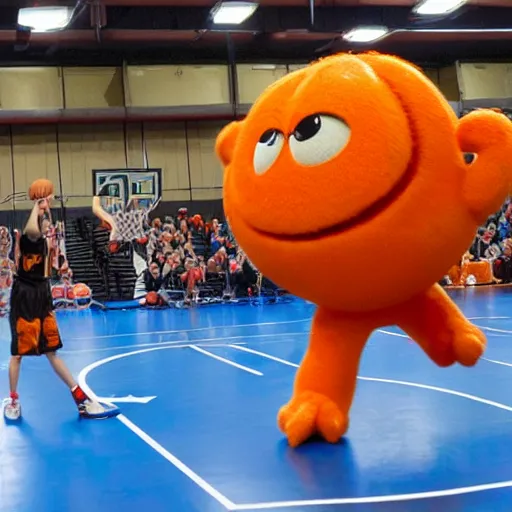 Prompt: a majestic friendly orange monster made of basketballs by pixar consumes a puny winpy cowboy at a basketball court