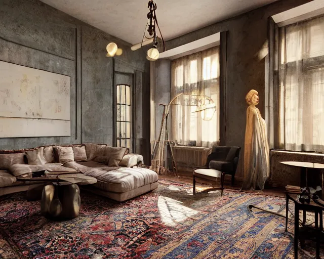 Image similar to a beautiful loft apartment with persian rugs and antique lamps designed by mark mills and nathaniel owings, interior design, architecture, key lighting, soft lights, by steve hanks, by edgar maxence, by caravaggio, by michael whelan, by delacroix, by serov valentin, by tarkovsky, 8 k render, detailed, oil on canvas