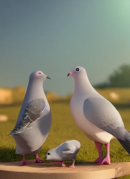 Image similar to render of a pigeon and a rabbit, colorful background, blender, ray tracing, path tracing, octane, maya, houdini, vfx, in luxury advertisement, sharp focus, volumetric lighting