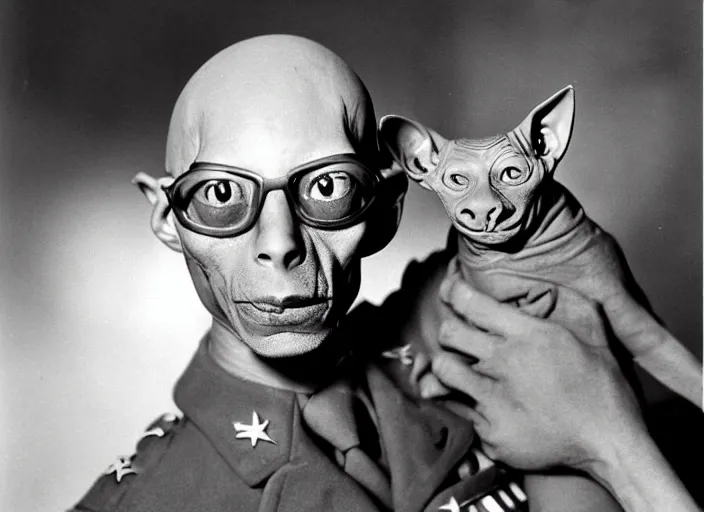 Prompt: hairless sphynx cat as a soldier in ww 2