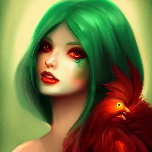 Image similar to a beautiful stunning fantasy whimsical matte digital portrait illustration of a pretty womam with bright green eyes and fiery red hair and a green bird, in the style of Ross Tran, trending on artstation, contest winner