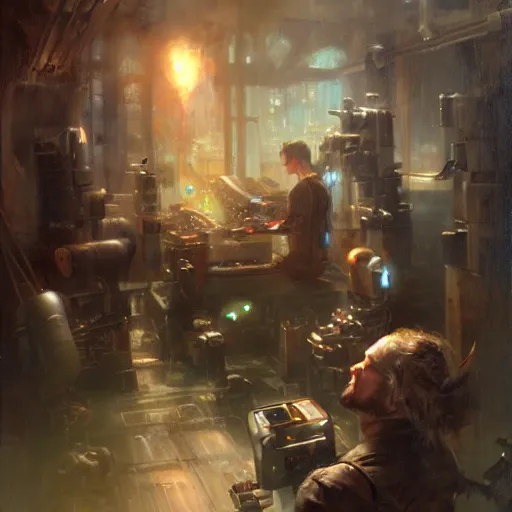 Image similar to neo luddites complaining about new technology by raymond swanland, highly detailed, bright tones