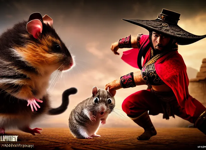 Image similar to hamster dressed as shao khan fights a cat dressed as kung lao in mortal kombat on the background of an ancient temple. fantasy magic style. highly detailed 8 k. intricate. lifelike. soft light. sony a 7 r iv 5 5 mm. cinematic post - processing