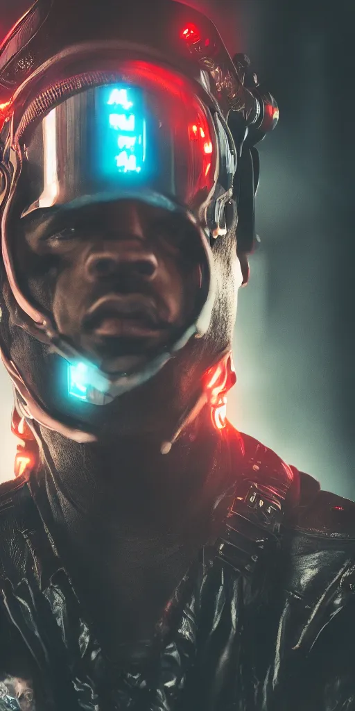 Image similar to hero angle of cyberpunk Ludacris, highly detailed, sharp focus, cyberpunk style, cyborg, futuristic, 8k, 35mm, cinematic lighting