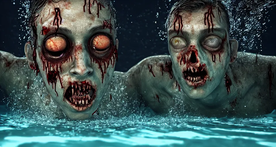 Prompt: highly detailed full body portrait of a zombie swimming underwater in a zombie - apocalypse, in a swimming pool, by stephen bliss, octane render
