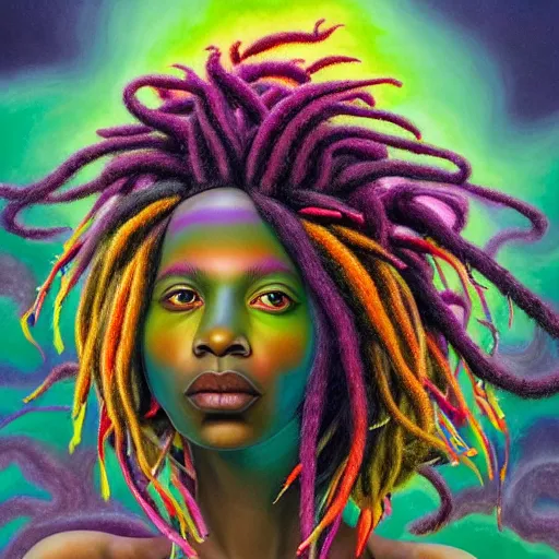 Image similar to a black girl with colorful dreadlocks in a field of candy, by Adi granov and afarin sajedi and amanda sage and evgeni gordiets and Agostino Arrivabene and adonna khare in a psychedelic portrait style, ultrarealistic matte painting, volumetric lighting, fractal, extremely symmetrical, highly detailed face, orisha, 8k, hd