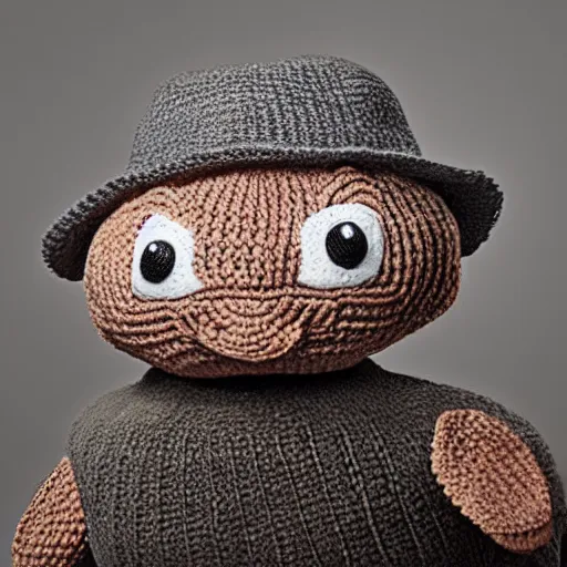 Image similar to a closeup photorealistic smiling knitted plush turtle wearing a fedora hat.