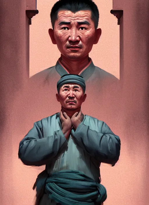 Prompt: centered painted portrait, face of a uyghur man in a prison behind bars, gloomhaven, matte painting concept art, art nouveau, beautifully backlit, swirly vibrant color lines, muted and dull colors, 4 k 8 k hd resolution, by ilya kuvshinov and cushart krentz and gilleard james
