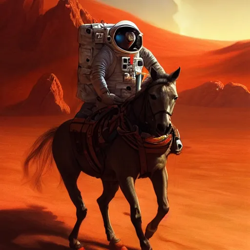 Prompt: centered portrait of the Astronaut riding a Horse in Mars, realistic character concept, high fantasy, light atmosphere, golden ratio, wide shot, cinematic lighting, hyperdetailed, high detailed, high resolution, insanely detailed and intricate, artstation, Marc Simonetti, Greg Rutkowski, octane render, unreal engine, 8k