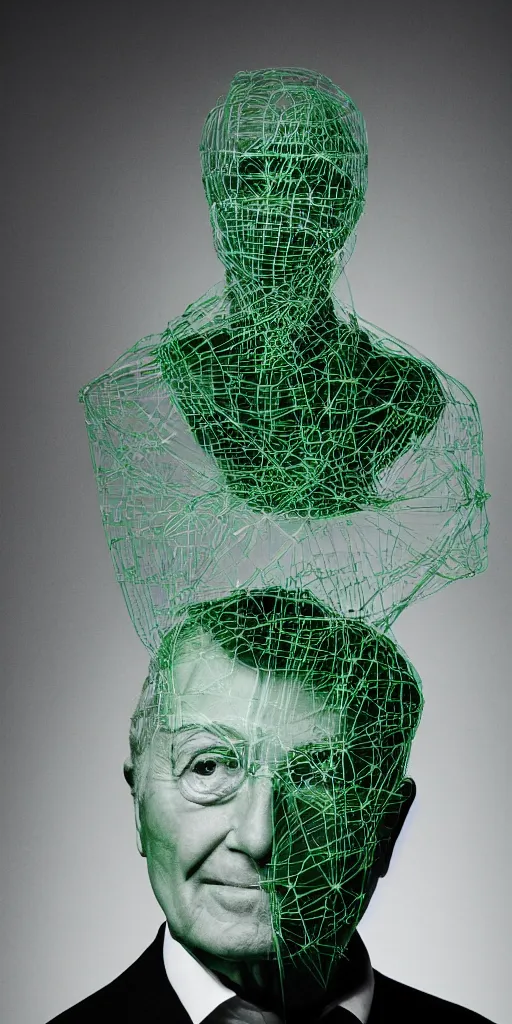 Image similar to of piero angela with a green wireframe on black in the background