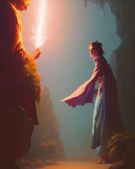 Prompt: highly detailed vfx portrait of a mage casting a light spell, unreal engine, greg rutkowski, loish, rhads, beeple, makoto shinkai and lois van baarle, ilya kuvshinov, rossdraws, tom bagshaw, alphonse mucha, global illumination, detailed and intricate environment