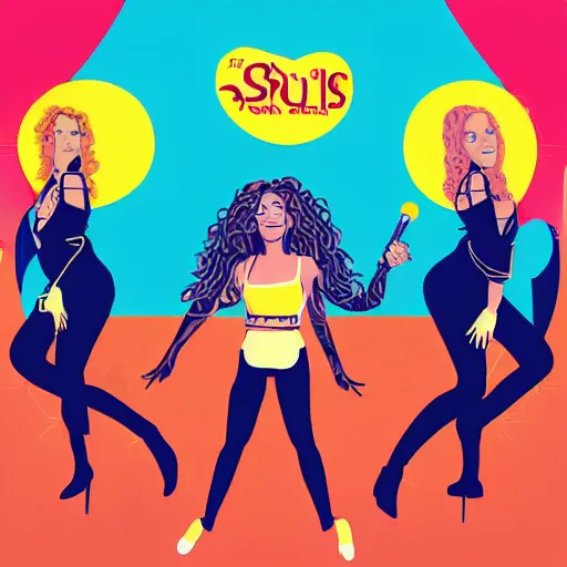 Image similar to illustration of a pop rock music group named'shiny souls'with two woman singers with blonde hair and one woman singer with brown curly hair singing in front of the crowd, aerial view, digital art