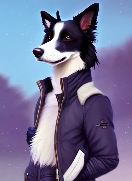 Prompt: full body digital painting of a cute male anthropomorphic border collie fursona wearing a jacket in front of a park, furaffinity, scenic background, intricate, elegant, beautiful, fantasy, highly detailed, trending on artstation, art by charlie bowater and henry asencio and and ross tran