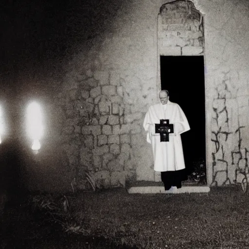 Image similar to award - winning photograph of john paul ii standing in the entrance to a small burning church building, at night, pitch black, christian cross