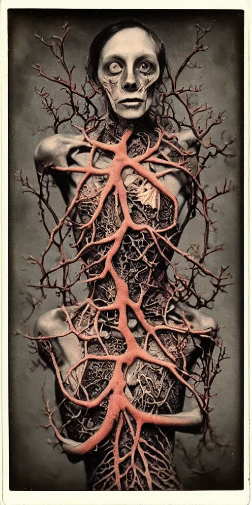 Image similar to an 1 9 1 0 polaroid photography of a very sad and detailed rotten woman corpse with fractal coral reefs and ornate growing all around, muscles, veins, arteries, anatomical, eye, ears, full body, intricate, surreal, ray caesar, john constable, guy denning, dan hillier, black and white